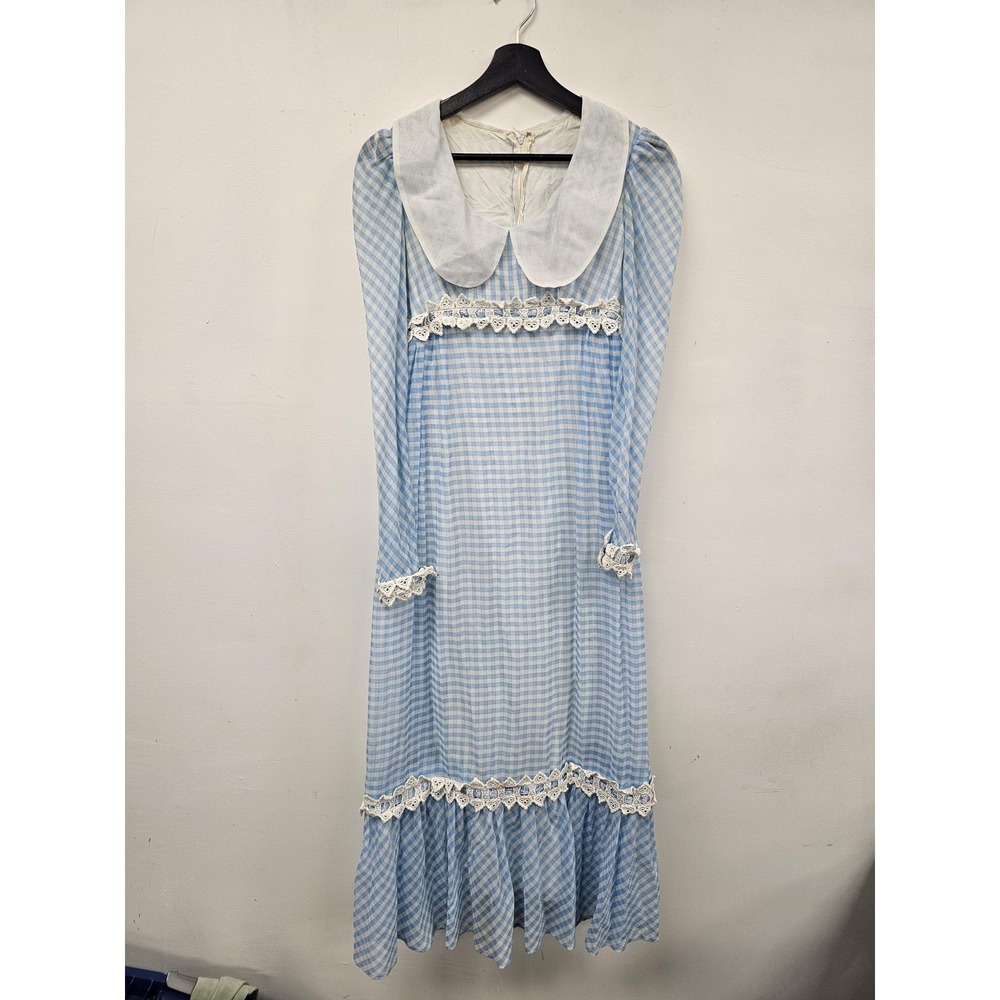 Vintage Gingham Dress Womens Blue Lace Maxi Prairie Cottagecore Ruffle 70s